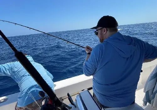 Happy fisherperson pulling in a tarpon during Tarpon Fishing in St. Petersburg FL