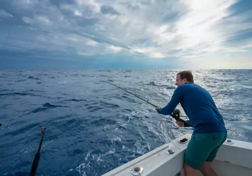 A fisherman reeling in a large fish while on deep-sea Fishing Charters in Tampa Bay FL